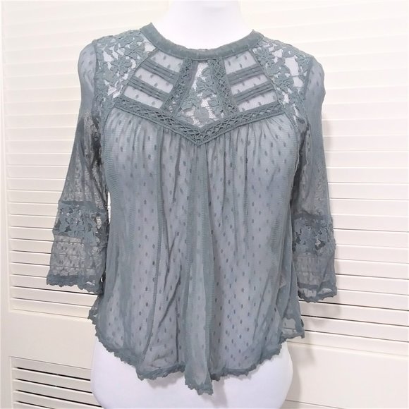 Free People Tops - Free People Grey Sheer Lace Vintage Look Top Sz M